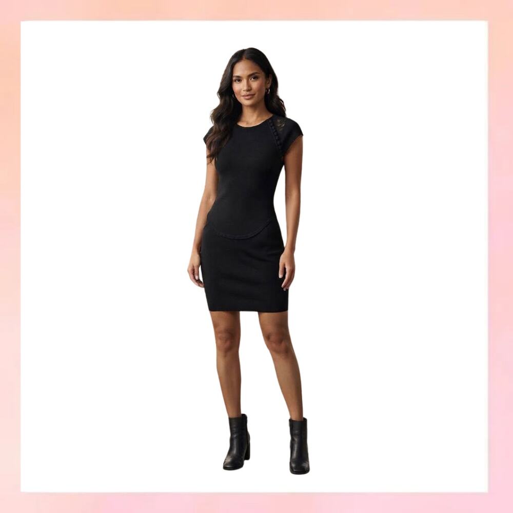 French Connection Black Cap Sleeve Lace Back Bodycon Mini Dress Size US 2 / UK 6